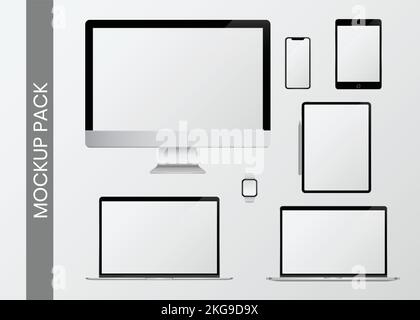 Digital Computer device mockups. 3d vector editable laptop, LED, smartphone and tablet EPS files. Stock Vector