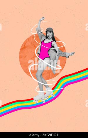 Collage photo banner of young excited woman wear pink painted bikini ride rollerblades enjoy sport lifestyle summer isolated on drawing pink Stock Photo