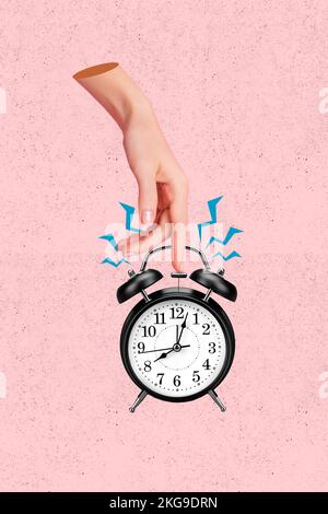 Creative 3d photo collage artwork postcard poster magazine of human arm press button morning wake up work isolated on painting background Stock Photo