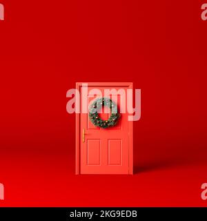 Festive christmas wreath of fir branches on a red front door. 3D Rendering Stock Photo