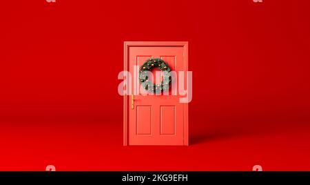 Festive christmas wreath of fir branches on a red front door. 3D Rendering Stock Photo