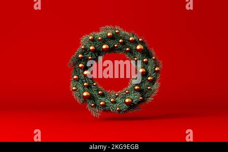 decorative festive christmas wreath made from fir branches and gold baubles. 3D Rendering Stock Photo