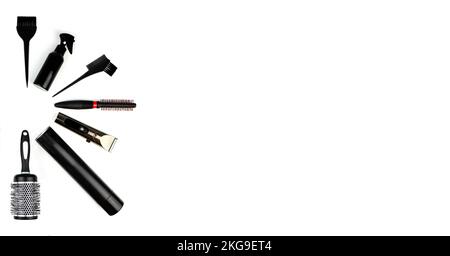 Set hairdresser's accessories on white background. Composition with scissors, , spray, shampoo, brush, curling iron, comb, hair clipper, other hairdre Stock Photo