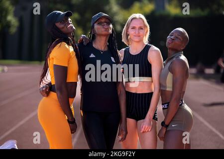 Belek, Turkey, 22/11/2022, Athlete Anne Zagre, Athletics coach Carole Bam, Athlete Hanne Claes and Athlete Cynthia Mbongo Bolingo pose for the photographer during a training camp organized by the BOIC-COIB Belgian Olympic Committee in Belek Turkey, Tuesday 22 November 2022. The stage takes place from 12 to 27 November. BELGA PHOTO LAURIE DIEFFEMBACQ Stock Photo