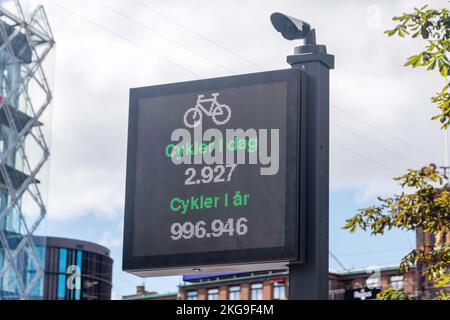 Copenhagen, Denmark - July 26, 2022: Bicycle counter in Copenhagen. Electronic device detected the number of bicycles. Stock Photo