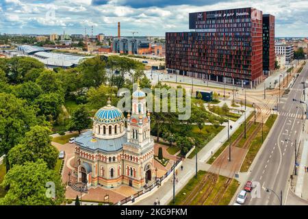 An aerial of the Alexander Nevsky Cathedral in the city center of Lodz, Poland