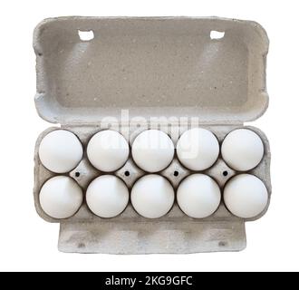Ten white chicken eggs in a carton box package with an open lid. Isolated on white background, top view. Stock Photo