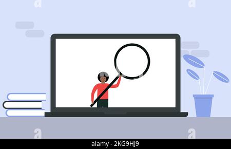 SEO ranking, search engine optimization. Man with an expansion glass in his hands Stock Vector
