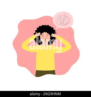Woman character Depression, stress. There is complete confusion in the head Stock Vector