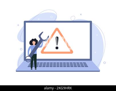 Expert diagnose computer, operating system problem. Big warning sign on screen Stock Vector