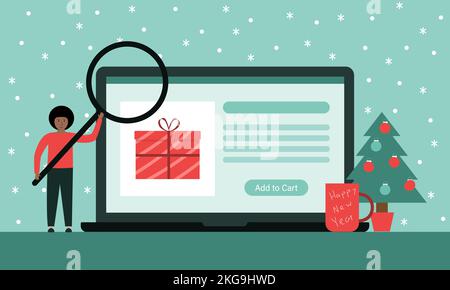 Christmas online shopping concept. Man with a magnifying glass search gift Stock Vector