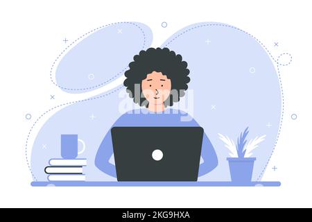 Woman working at home office. Character sitting at desk in room, looking at computer screen Stock Vector