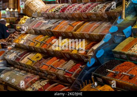 different kinds of colorful exotic spices in the markt  in the Egyptian Spice Bazaar in Istanbul . Stock Photo