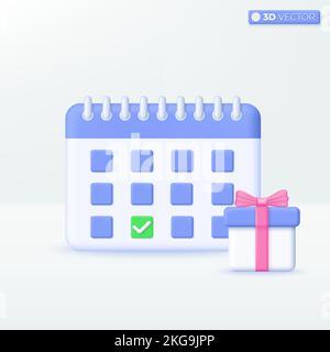 Calendar with gift box icon symbols. daily birthday event schedule planner, wedding day. Boxing day sale and save the date concept. 3D vector isolated Stock Vector