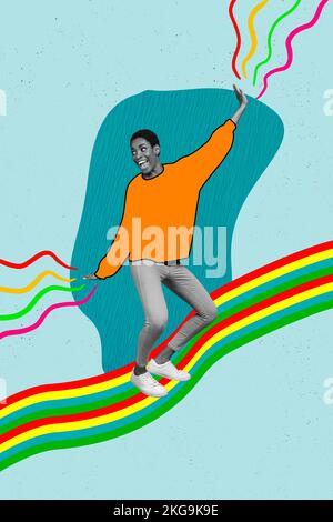 Photo collage cartoon comics sketch picture of happy smiling lady guy having fun dancing isolated drawing background Stock Photo