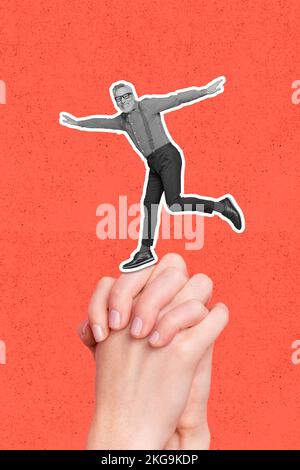 Photo sketch collage graphics artwork picture of happy smiling mature senior guy having fun arms together isolated drawing background Stock Photo