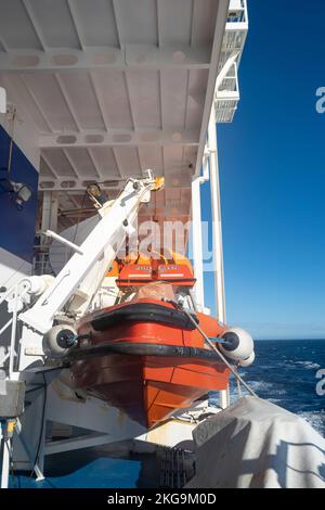 Santander, Spain. 20th October 2022. Emergency lifeboat in its ready stowed position onboard the Brittany Ferries Pont Aven cruise ship. Stock Photo