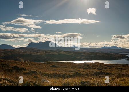 A clear, autumnal HDR image of the Assynt mountains from Badcall Bay in Sutherland, Scotland. 26 October 2022 Stock Photo