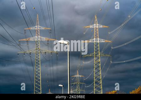 High voltage pylons, overhead lines, with warning coating for air traffic, near Krefeld, NRW, Germany, Stock Photo