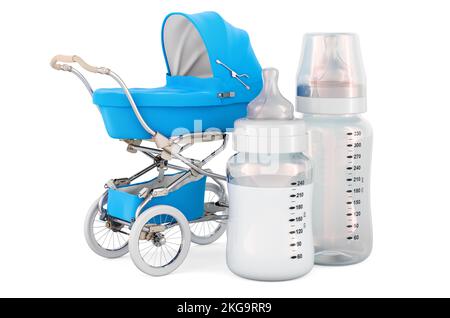 Baby bottles with baby carriage, 3D rendering isolated on white ...