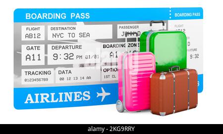 Airline boarding pass ticket and baggage. Travel concept, 3D rendering isolated on white background Stock Photo