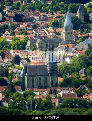 Aerial view, old town with (from left) evang. church Sankt Maria zur Wiese (Wiesenkirche), St. Patrokli cathedral and Sankt Pauli church, Walburger, S Stock Photo