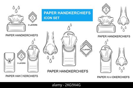 Paper napkins tissues box, disposable handkerchief for runny nose hygiene line icon. Dry clean wipes package. Facial skin towel pack on flu. Vector Stock Vector