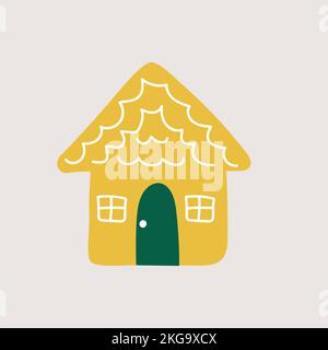 Cozy winter yellow house on grey background. Cute hand drawn vector illustration for greeting card, invitation Stock Vector