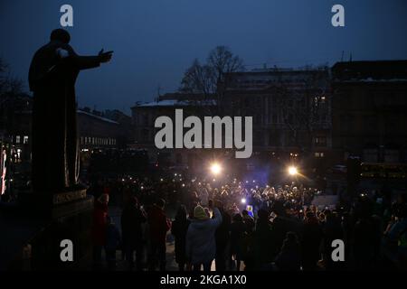 LVIV, UKRAINE - NOVEMBER 21, 2022 - Maidan Reminiscences art event takes place on the Dignity and Freedom Day and the 9th anniversary since the beginning of the Revolution of Dignity on the square at the Taras Shevchenko monument, Lviv, western Ukraine. Stock Photo