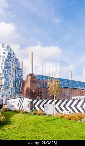 the Iconic building with four chimneys, which has been redeveloped and is now a luxury shopping mall and apartments Stock Photo