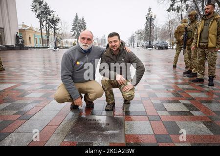 The President of Ukraine, Volodymyr Zelensky, presented José Andrés, founder of World Central Kitchen charity organization, a plaque with his name, which was unveiled on the Walk of the Brave on Constitution Square in Kyiv. (Photo: Ukraine Presidential Office)  During the unveiling of the plaque, the Head of State noted the great help that José Andrés provided to Ukrainians. From now on, the philanthropist’s name is engraved in the center of the capital - along with the names of those who have been with Ukraine since the first days of the full-scale invasion of Russia. Stock Photo