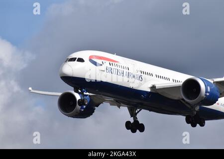 British Airways Boeing 787 Landing at London Heathrow International Airport Stock Photo