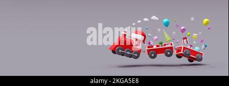 Red train and wagons jump with gifts and Christmas decorations on grey background. Winter Holidays concept 3D Render 3D illustration Stock Photo