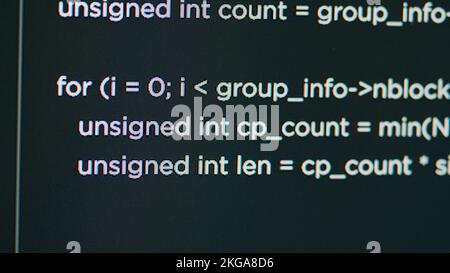 Monitor display of system engineer typing source code on terminal window, creating software app with html script. Concept of software developer writing programming language. Close up. Stock Photo