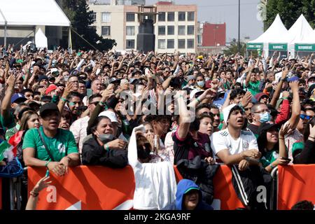 Mexico City, Mexico. 22nd Nov, 2022. November 22, 2022, Mexico City, Mexico: Fans attend FIFA Fan Fest at Monument of Revolution to support Mexican team during the football match against Poland during the FIFA World Cup Qatar 2022. on November 22, 2022 in Mexico City, Mexico. (Photo by Luis Barron/Eyepix Group). Credit: Eyepix Group/Alamy Live News Stock Photo