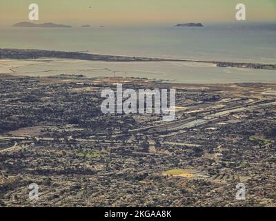 San Diego, CA., USA 11th November, 2022       Aerial view of the south part of San Diego looking towards Chula Vista and beyond to Silver Strand Beach and the islands of Correos De México, and South Coronado, Baja California Stock Photo