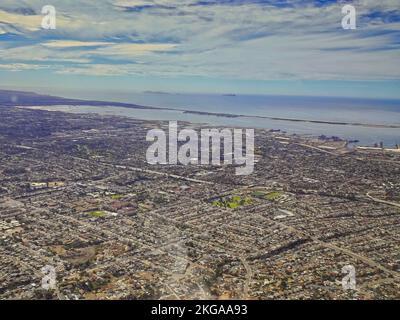 San Diego, CA., USA 11th November, 2022       Aerial view of the south part of San Diego looking towards Chula Vista and beyond to Silver Strand Beach and the islands of Correos De México, and South Coronado, Baja California Stock Photo