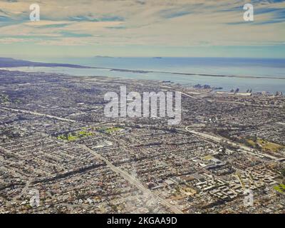 San Diego, CA., USA 11th November, 2022       Aerial view of the south part of San Diego looking towards Chula Vista and beyond to Silver Strand Beach and the islands of Correos De México, and South Coronado, Baja California Stock Photo