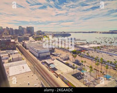 San Diego, CA., USA 11th November, 2022       Aerial view of downtown San Diego looking towards Coronado island, and the US Naval Base to the south of Coronado Bridge. Stock Photo