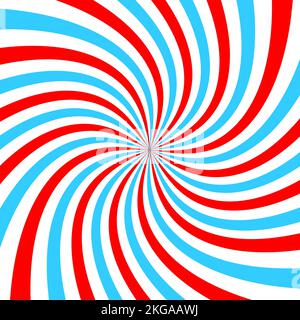 Red and blue radial twisted stipes, vortex effect, pinwheel pattern. Circus, carnival or festival background. Bubble gum, sweet lollipop candy, ice cream texture. Vector flat illustration Stock Vector