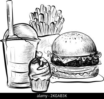 Big Hamburger or Cheeseburger, Soda Cup with Straw and Lid, Cake and French Fries. Isolated on a White Background. Realistic Doodle Cartoon Style Hand Stock Vector