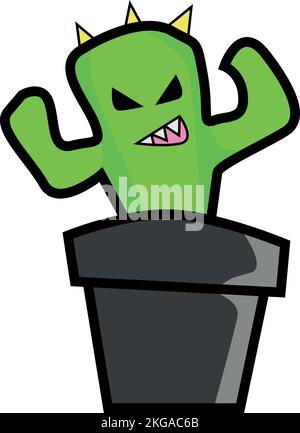 An illustrated design of an angry green cactus in a plant pot, wearing a crown, on a white surface Stock Vector