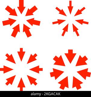 Red arrows pointing to center. Epicenter icons set. Inward arrows collection. Stock Vector