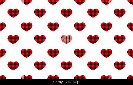 Flannel hearts with buffalo print seamless pattern. Repeating love symbols with gingham checkered design background. Vector flat illustration. Stock Vector