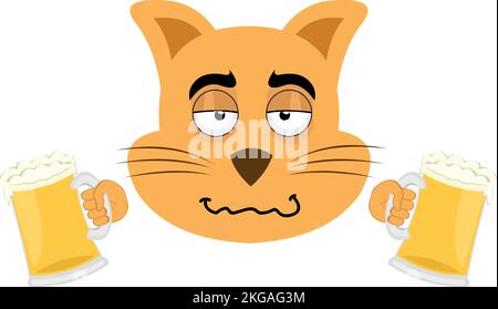 Vector illustration of the face of a drunk cartoon cat with beers in his hands Stock Vector