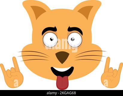 Vector illustration of the face of a cartoon cat with a cheerful expression making the classic gesture of heavy metal with hands and tongue out Stock Vector