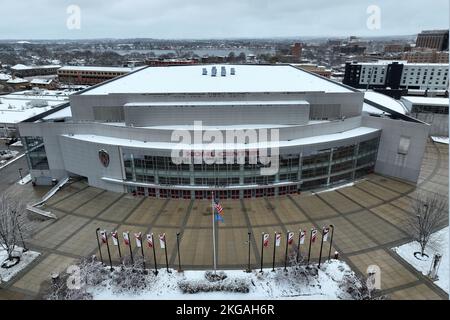 A general overall aerial view of the Kohl Center, Wednesday, Nov. 22, 2022, in Madison, Wisc. The arena is the home of the Wisconsin Badgers basketball and hockey teams. Stock Photo