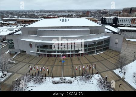 A general overall aerial view of the Kohl Center, Wednesday, Nov. 22, 2022, in Madison, Wisc. The arena is the home of the Wisconsin Badgers basketball and hockey teams. Stock Photo