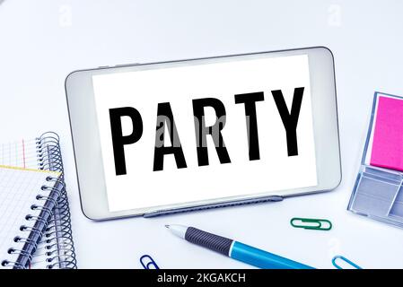 Conceptual caption Party. Internet Concept social gathering invited guests involve eating drinking entertainment Stock Photo