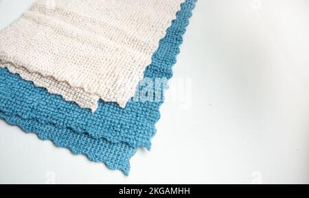 Close-up of two microfiber cleaning cloths, top view. Lying flat. Stock Photo